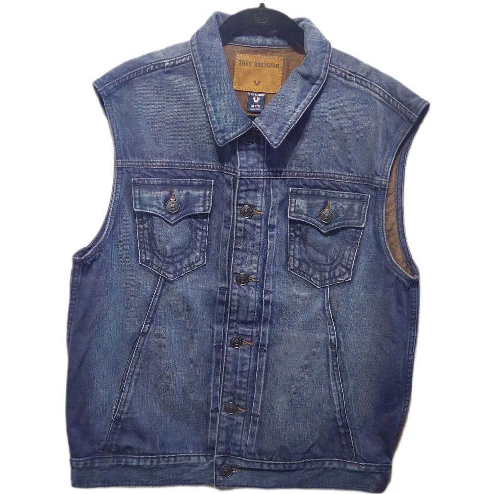 True Religion Dylan Denim Vest Mens XL Blue Excellent Sleeveless Trucker Jacket